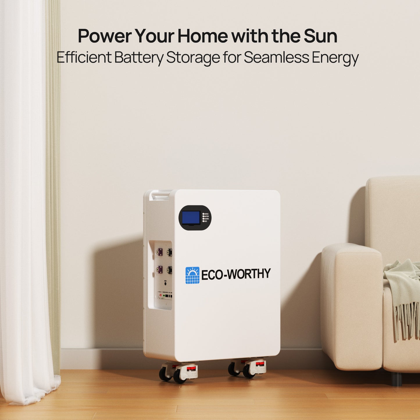 51.2V 280Ah LiFePO4 Floor Standing Battery with 4 Footmaster Nylon Wheels for Off-grid Home Energy Storage